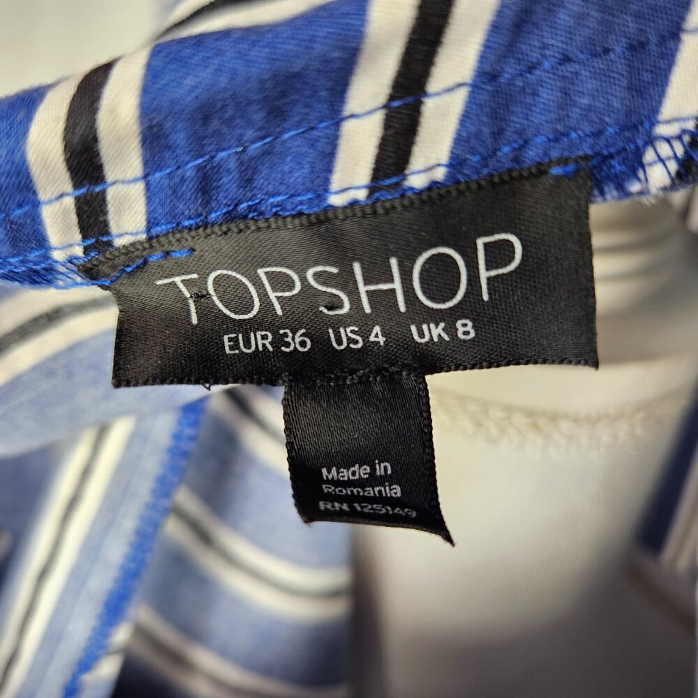 Topshop Sz 4 US Blue Black Striped One Shoulder Tie Sleeve Top Blouse FLAW READ - Picture 10 of 13